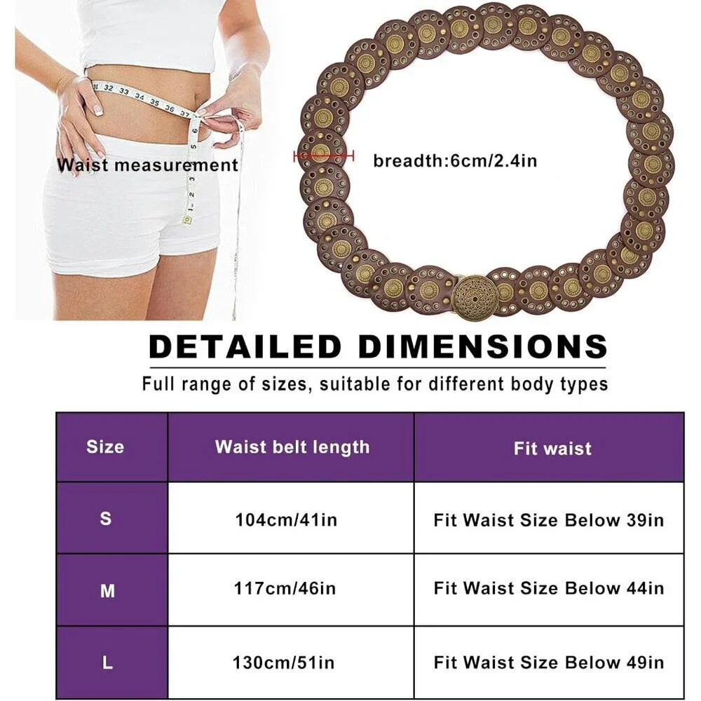Women Western Leather Belt Disk Concho Boho Waist Accessory for Dresses